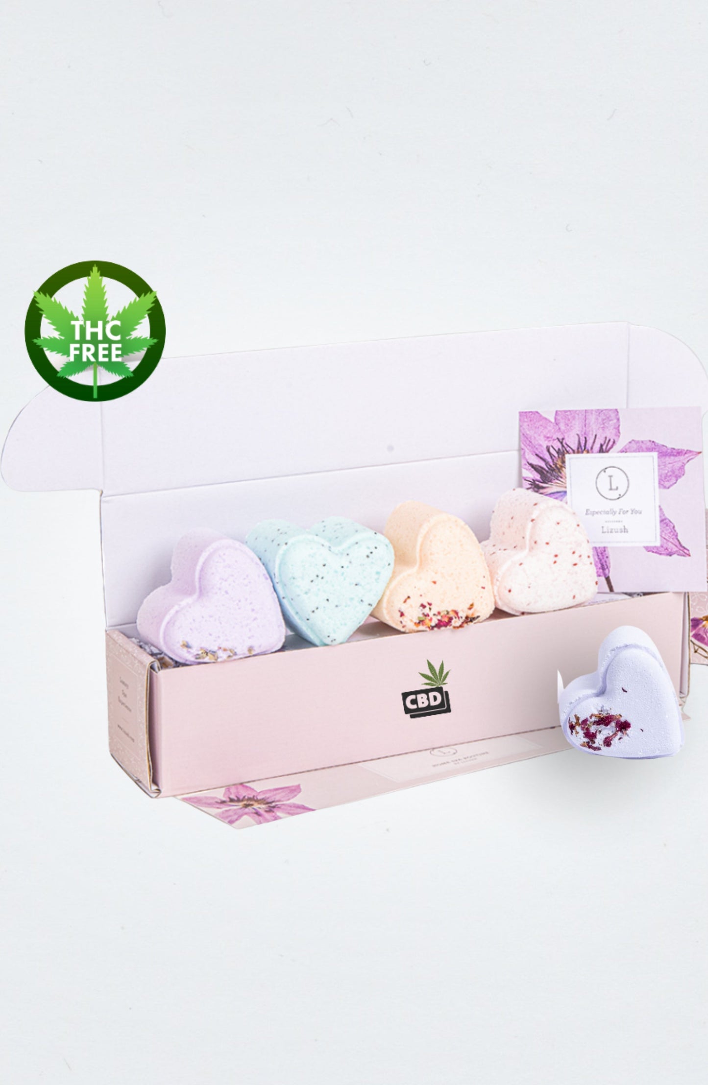 Bath Bombs with CBD - 5 Hearts Shaped with CBD - in a Gift Box - Can be personalized. (THC free)-1